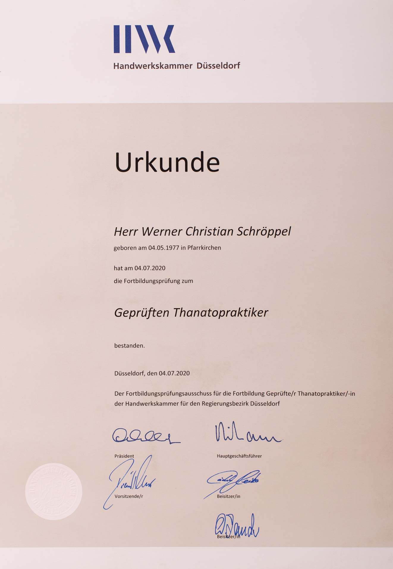 Urkunde-HWK-Duesseldorf-Schroeppel-Thanatopraktiker Urkunde-HWK-Duesseldorf-Schroeppel-Thanatopraktiker